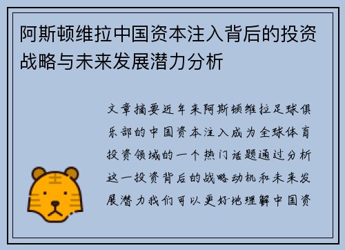 阿斯顿维拉中国资本注入背后的投资战略与未来发展潜力分析